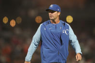 Kansas City Royals manager Mike Matheny walks to the dugout after making a pitching change during the eighth inning of the team's baseball game against the San Francisco Giants in San Francisco, Tuesday, June 14, 2022. (AP Photo/Jeff Chiu)