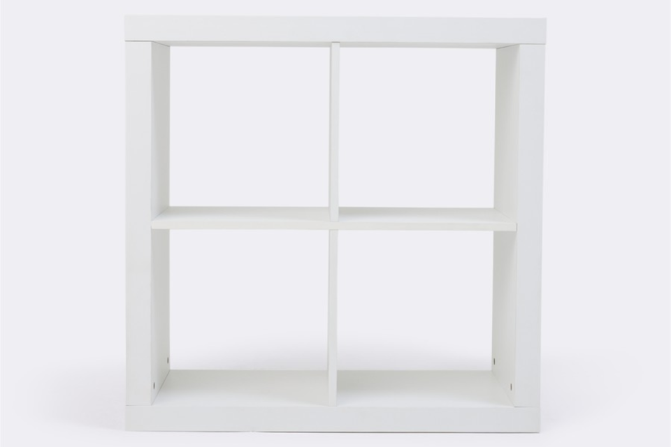 BIG W white openook 4 cube shelf storage on a grey background