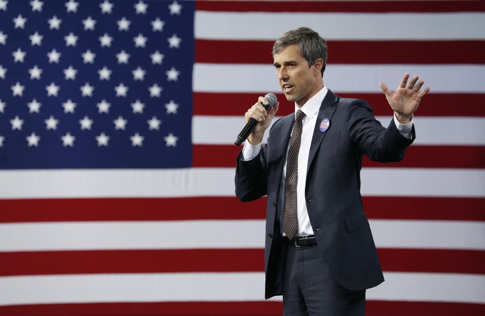 Democratic presidential candidate and former Texas congressman Beto O'Rourke speaks at a Service Employees International Union forum on labor issues, Saturday, April 27, 2019, in Las Vegas. (AP Photo/John Locher)