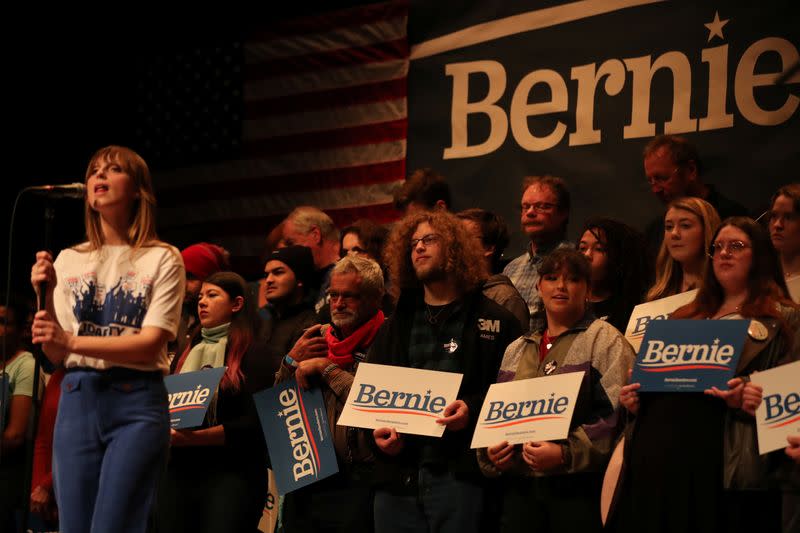 Zoe Manville of the band "Portugal. The Man" performs at a Democratic 2020 U.S. presidential candidate and U.S. Senator Bernie Sanders (I-VT) campaign rally in Ames