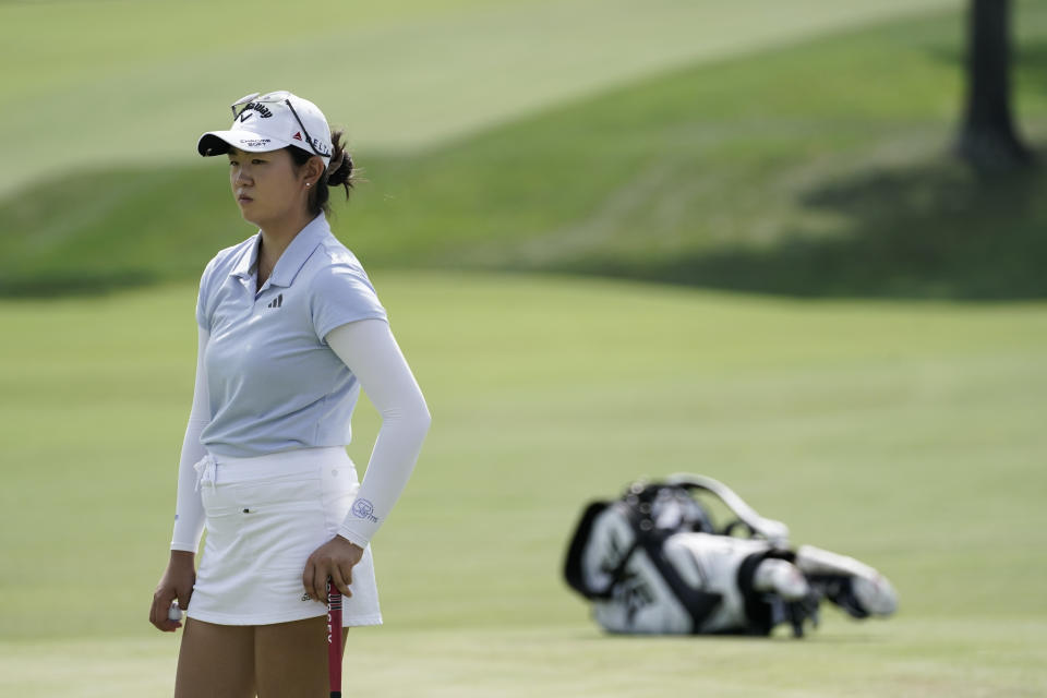 FILE - Rose Zhang watches play on the 9th green during the final round of the LPGA Kroger Queen City Championship golf tournament, on Sept. 10, 2023, in Cincinnati. (AP Photo/Joshua A. Bickel, File)