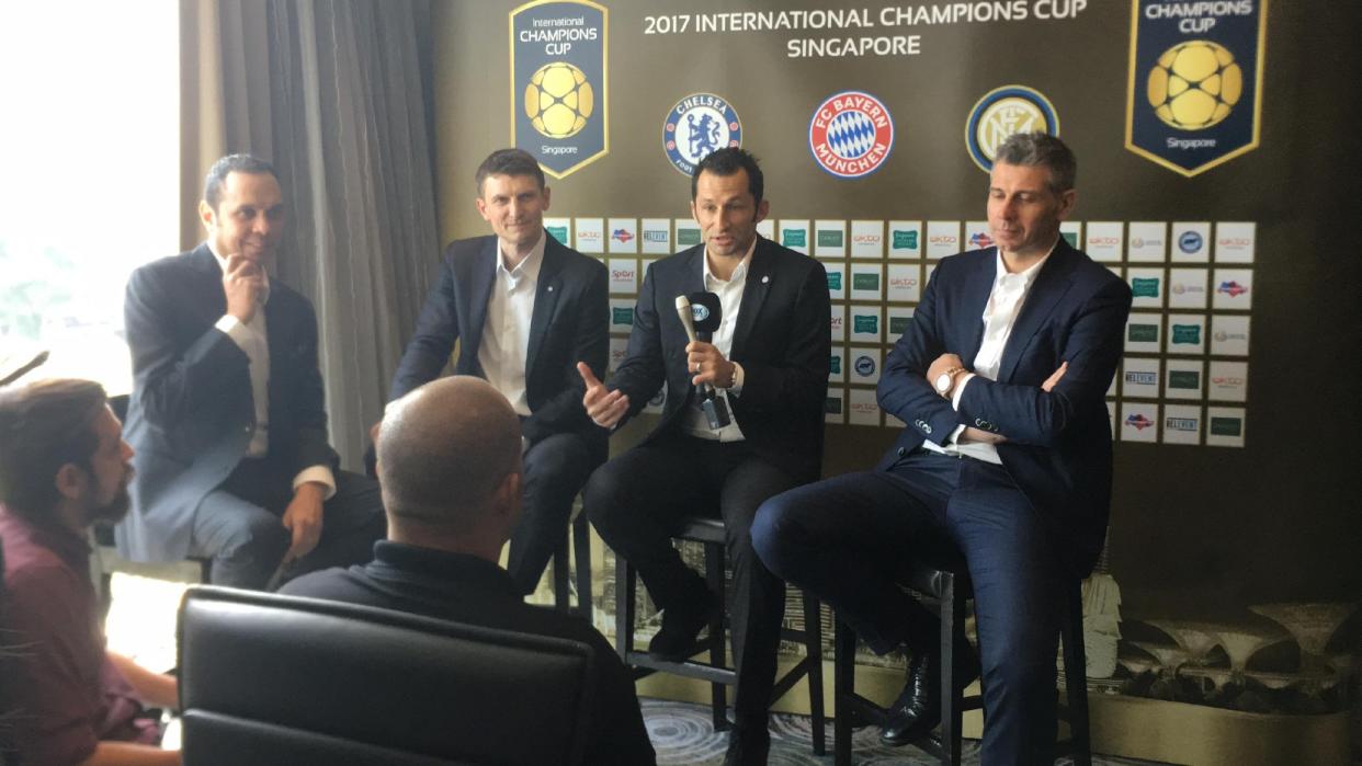 (From left to right) Former Chelsea striker Tore Andre Flo, former Bayern midfielder Hasan Salihamidzic and former Inter Milan goalkeeper Francesco Toldo speaking to the media. (PHOTO: Yahoo Newsroom)