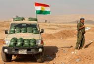 A Kurdish peshmerga fighter takes up a position as they clear Fadiliya village in Nawaran, north of Mosul, as part of their offensive to drive Islamic State from Mosul, Iraq, October 26, 2016. Picture taken October 26, 2016. REUTERS/Ahmed Jadallah