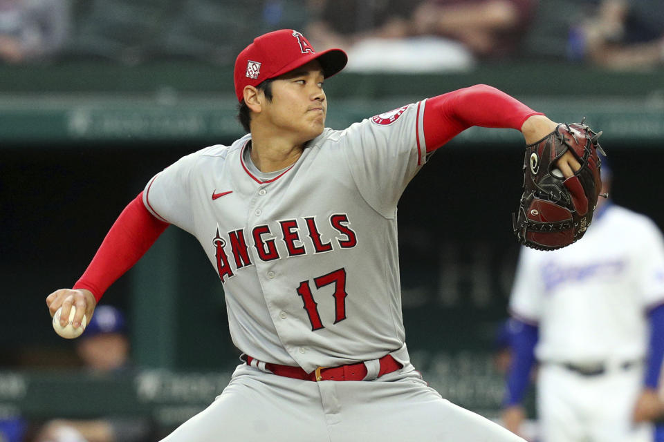 Los Angeles Angels starting pitcher Shohei Ohtani works the first inning against the Texas Rangers during a baseball game on Monday, April 26, 2021, in Arlington, Texas. (AP Photo/Richard W. Rodriguez)