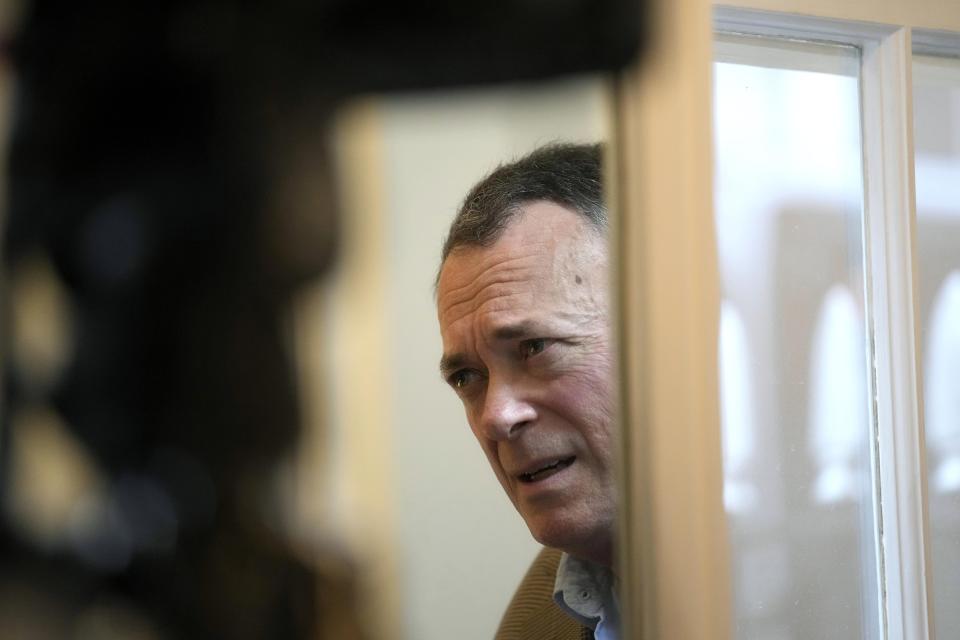 Businessman Ian Maxwell, brother of Ghislaine Maxwell speaks, during an interview at his office in London, Monday, Nov. 15, 2021. The brother of a British socialite charged with helping Jeffrey Epstein exploit underage girls says her prosecution is “the most over-hyped trial of the century,” designed to break a woman targeted by authorities desperate to blame someone for the late financier’s crimes. Ghislaine Maxwell continues to have the backing of her family, and a family member will be in court at all times to show their support, Ian Maxwell said in an interview ahead of the trial, which is set to begin Nov. 29 in U.S. District Court in Manhattan. (AP Photo/Kirsty Wigglesworth)