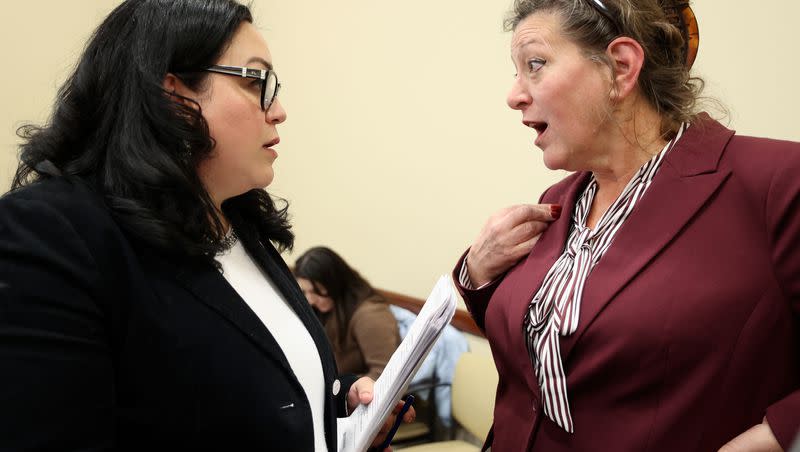 Senate Minority Leader Luz Escamilla, D-Salt Lake City, talks to Holly Richardson, a former doula and former doula trainer, about SB85, Medicaid Doula Services, after a Senate Health and Human Services Standing Committee hearing in the Senate Building in Salt Lake City on Friday, Jan. 19, 2024. Richardson is a columnist for the Deseret News.
