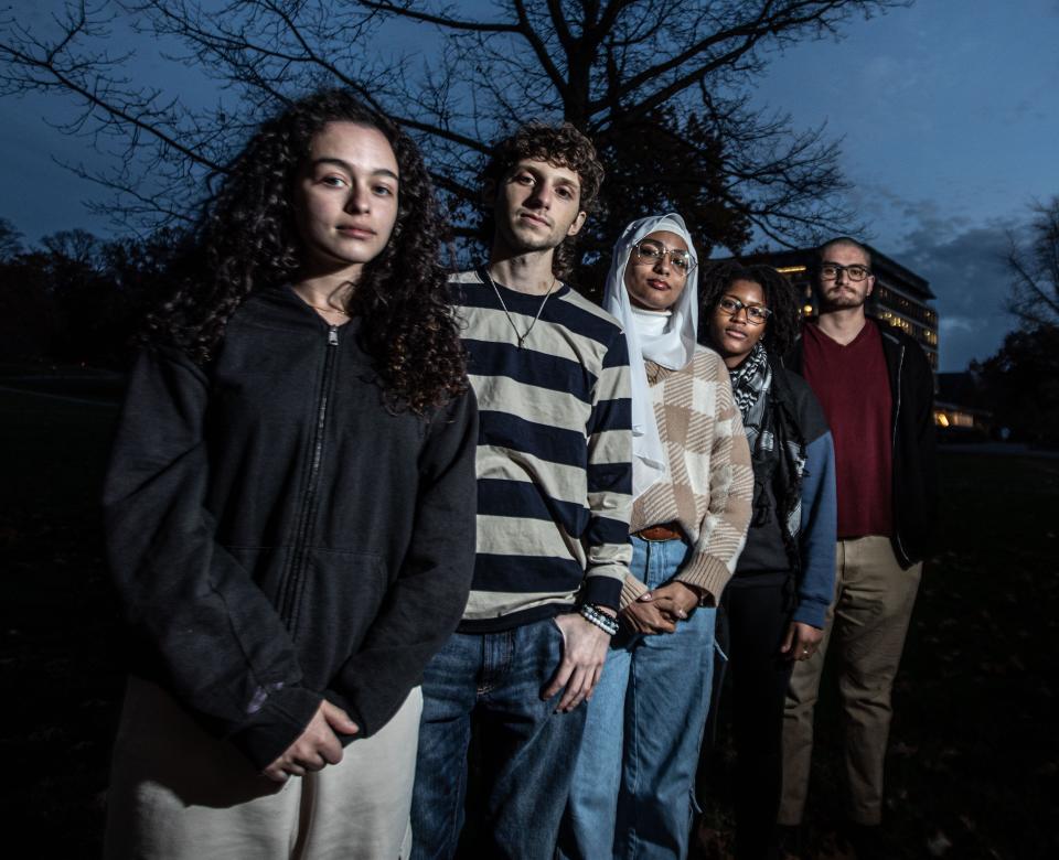 Muslim and other Cornell University students who are supporting the Palestinian cause in the war between Israel and Hamas, photographed on campus Nov. 6, 2023. From left, Sadeen Musa, 20, from Miami, Fla.; Timo Isreb, 20, from Portland, Or.; Laila Salih, 20, from Seattle, Wash., Juwuanna McAllister, 26, from Bishopville, S.C.; and Adrián Cardona Young, 20, from San Jose, Costa Rica, who describes himself as an anti-zionist Jew.
