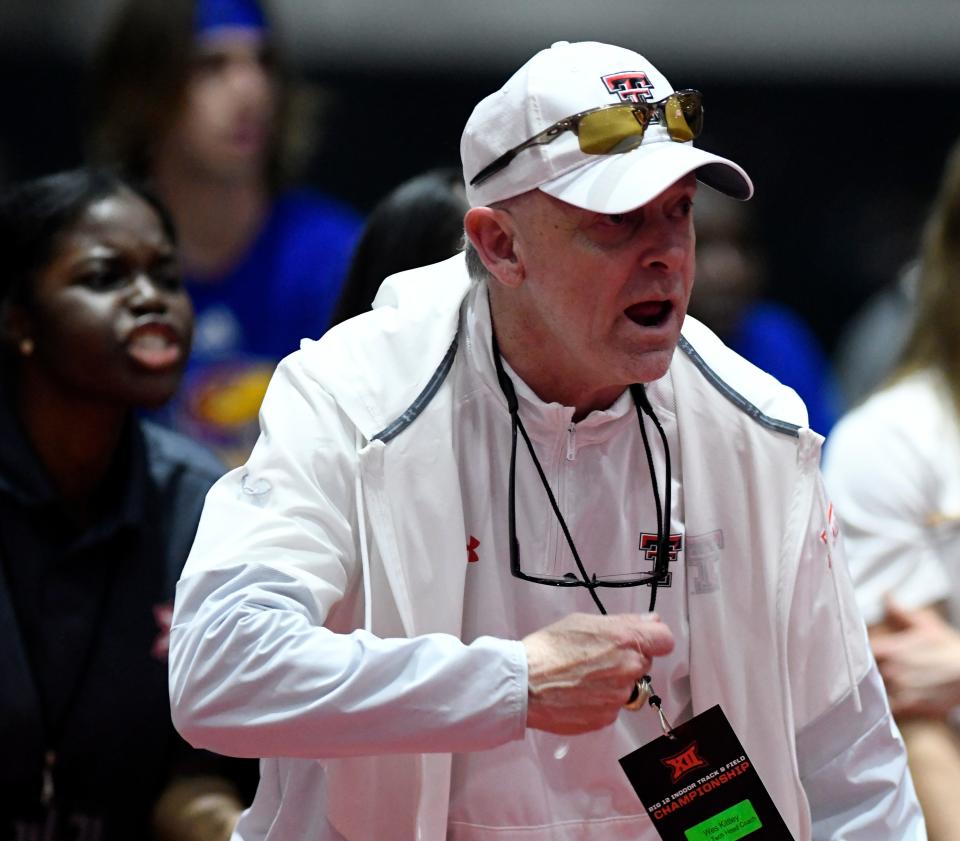 Texas Tech's director of track and field and cross country Wes Kittley gestures during the relays at  the Big 12 track and field meet, Friday, Feb. 24, 2023, at Sports Performance Center.