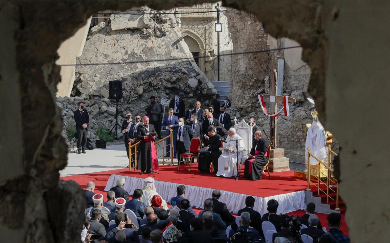 Pope Francis leads prayers surrounded by Mosul's destroyed churches - AP Photo/Andrew Medichini