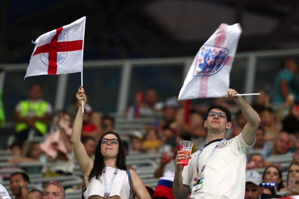 <p>England fans fly the flag in Russia ahead of the opener </p>