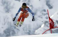 Norway's Kjetil Jansrud takes a jump during the men's alpine skiing Super-G competition at the 2014 Sochi Winter Olympics at the Rosa Khutor Alpine Center February 16, 2014. REUTERS/Stefano Rellandini