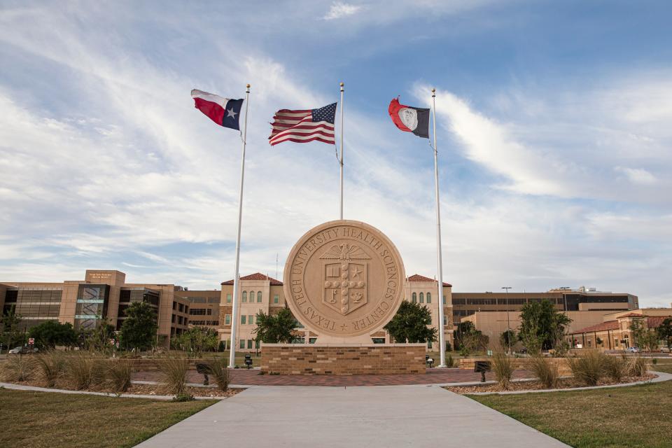 The seal of Texas Tech University Health Sciences at the university's main campus in Lubbock.