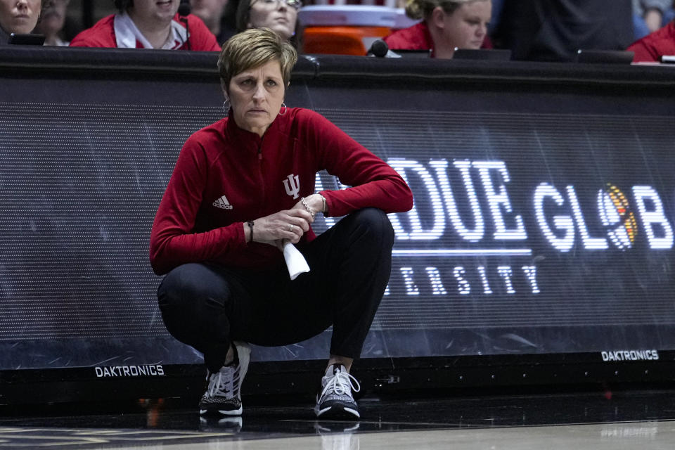 Indiana head coach Teri Moren watches as her team played against Purdue in the second half of an NCAA college basketball game in West Lafayette, Ind., Sunday, Feb. 5, 2023. Indiana defeated Purdue 69-46. (AP Photo/Michael Conroy)