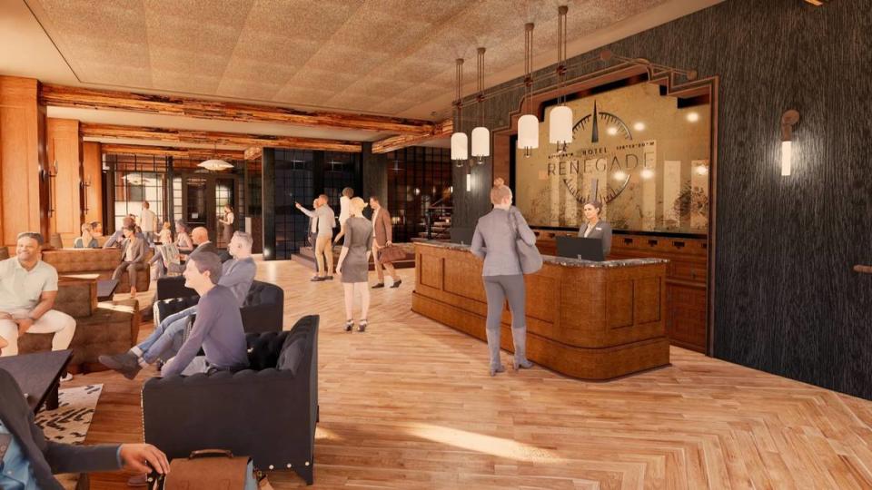 Hotel Renegade attempts to merge the West and Idaho with the Midwest and Wisconsin, where the hotel developers are based. This rendering shows the proposed lobby of Hotel Renegade. Courtesy of Hendricks Commercial Properties and Geronimo Hospitality Group