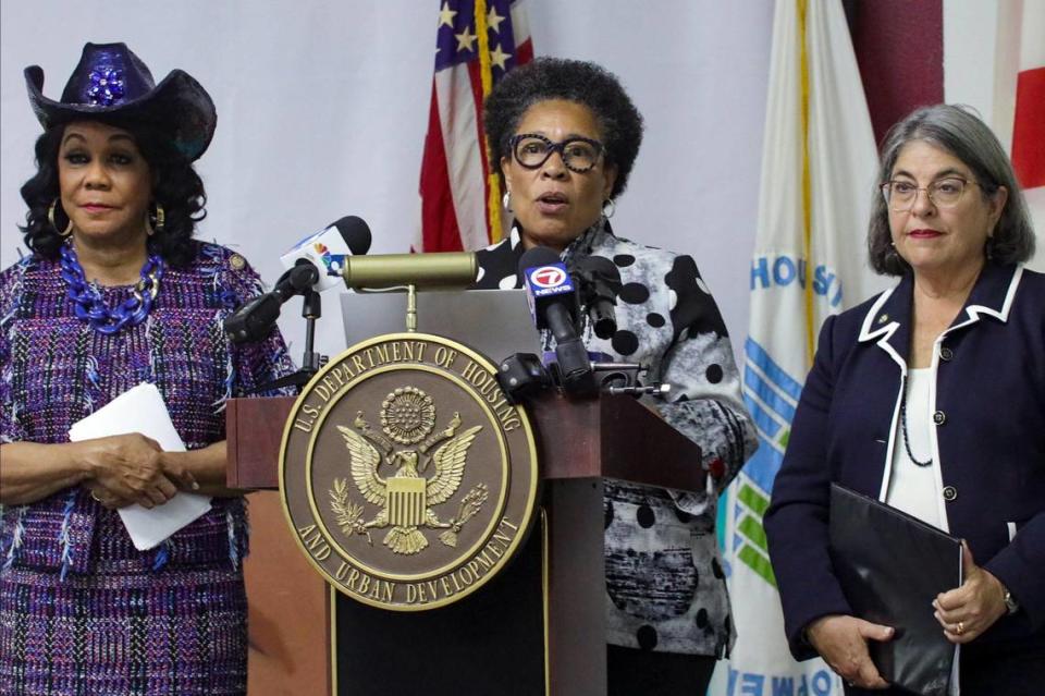 Housing and Urban Development Secretary Marcia Fudge, center, gives her remarks flanked by Congresswoman Frederica Wilson, left, and Miami-Dade Mayor Daniella Levine Cava on Tuesday, June 28, 2022.