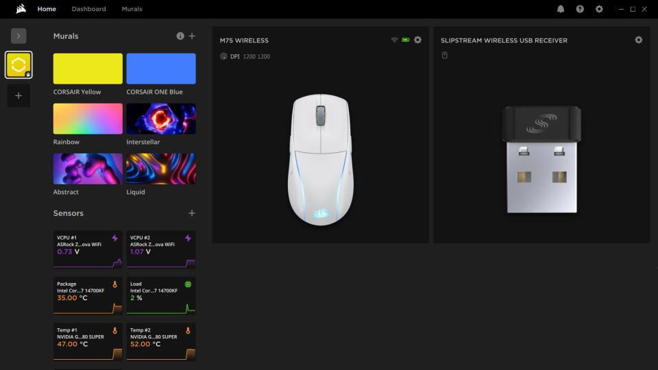 Screenshots of Corsair's iCUE application, showing the software controls for the Corsair M75 Wireless gaming mouse