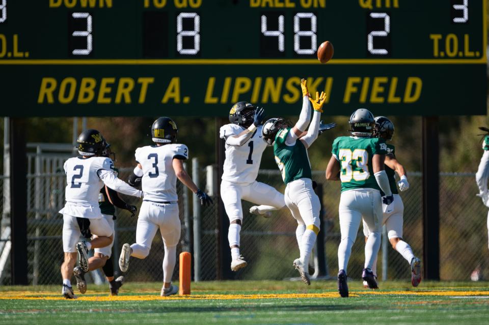 Senior safety Blaine Netterman intercepts a pass during DelVal's victory over Wilkes.