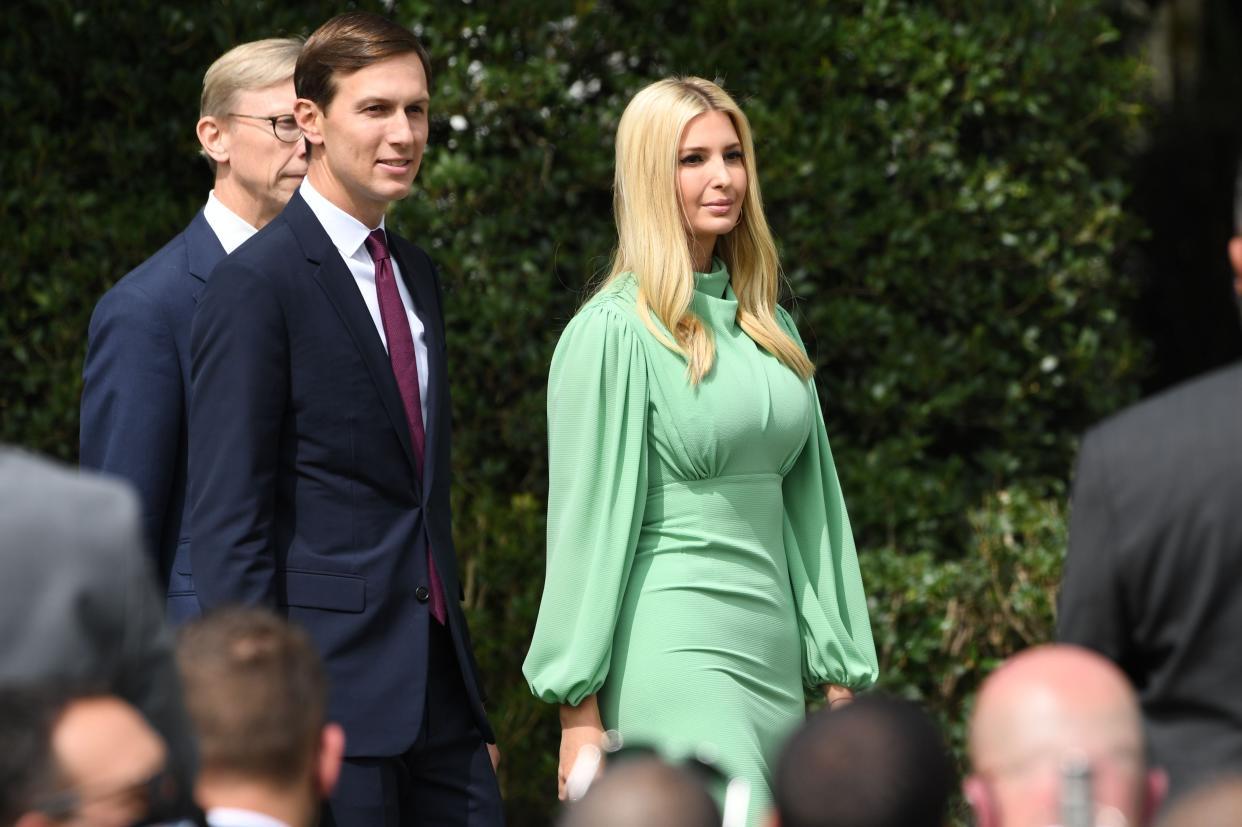 Ivanka Trump, daughter and Senior Advisor to US President Donald Trump (R), and Jared Kushner, Senior White House Advisor, arrive on the South Lawn of the White House September 15, 2020.  (AFP via Getty Images)