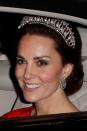 <p> Kate Middleton, since becoming Duchess of Cambridge, has worn the Lover's Knot at several formal events—including in 2016 at the annual Diplomatic Reception (she's also wearing those teardrop earrings from a few slides ago!). </p>