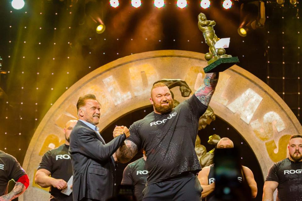 Arnold Schwarzenegger congratulates Hafthor Bjornsson, the only competitor to have won the Arnold Strongman Classic, Europe's Strongest Man and the World's Strongest Man competition in the same calendar year (2018).