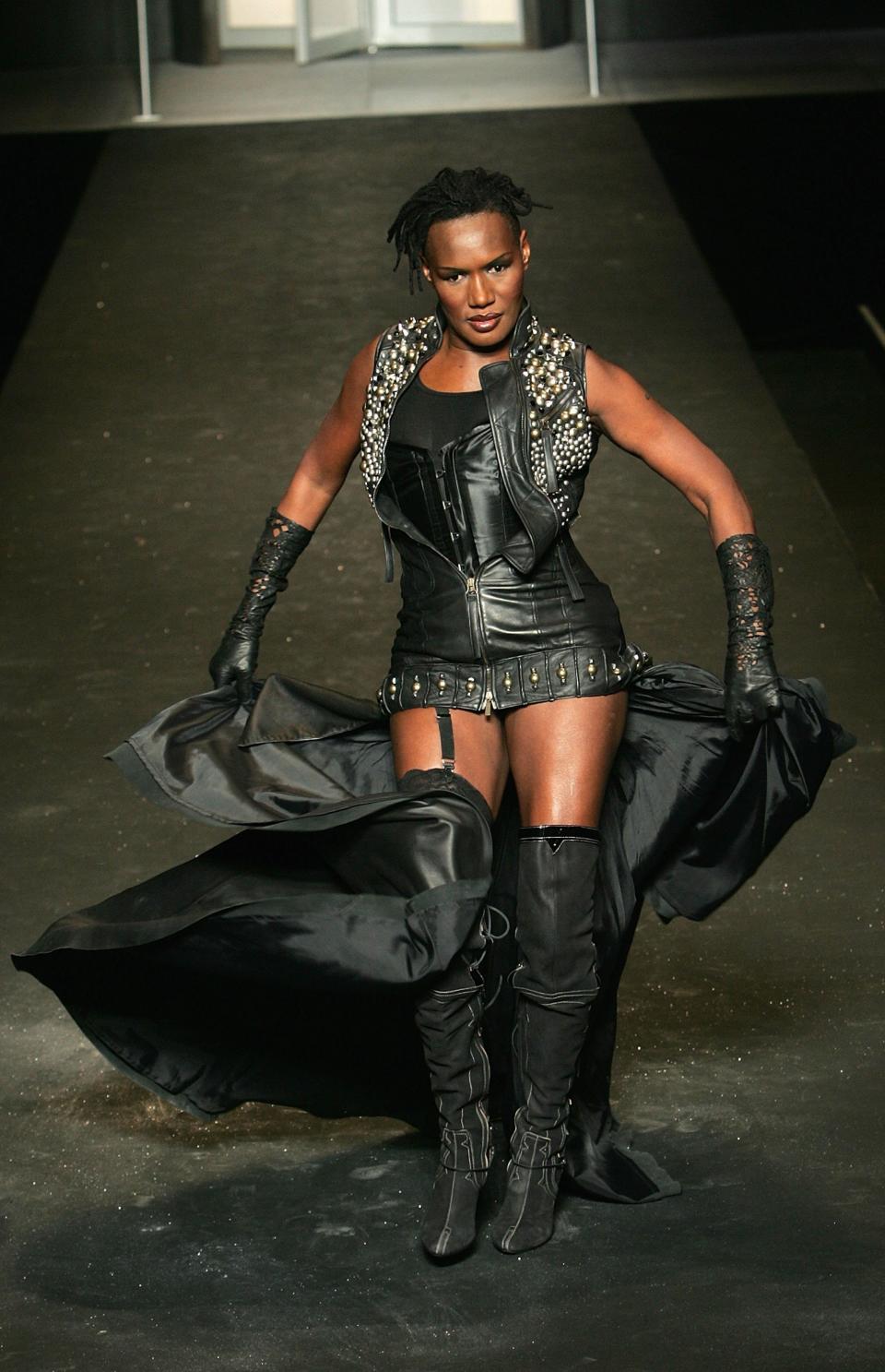 2006: Grace Jones walks the runway at the Diesel Fall 2006 fashion show during Olympus Fashion Week at Hammerstein Ballroom in New York City.&nbsp;