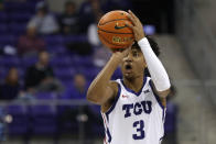 TCU guard PJ Haggerty shoots against Louisiana-Monroe during the second half of an NCAA college basketball game, Thursday, Nov. 17, 2022, in Fort Worth, Texas. (AP Photo/Ron Jenkins)