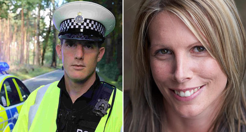 Pictured left is Timothy Brehmer, 41, in his police uniform. Right is nurse Claire Parry.