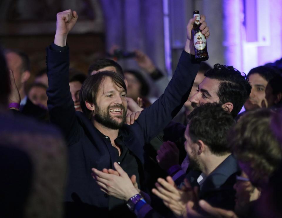 Danish chef Rene Redzepi celebrates after his restaurant Noma in Copenhagen, Denmark won the second place during the World's 50 Best Restaurant Awards in London, Monday, April 29, 2013. (AP Photo/Lefteris Pitarakis)