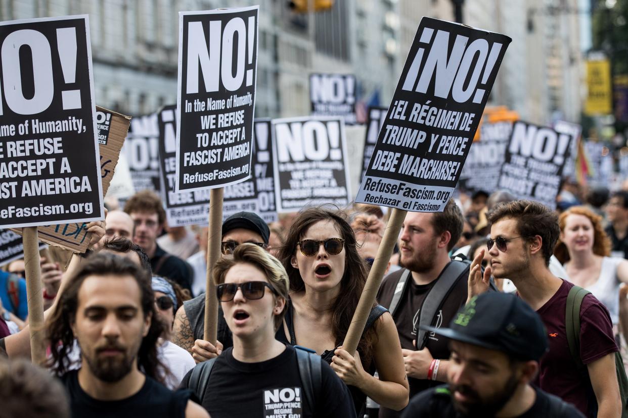 Protestors rally against white supremacy and racism in 2017 in New York City. The rally was organized following clashes between white supremacists and counter-protestors in Charlottesville, Virginia, where Heather Heyer was killed in Charlottesville when a car driven by a white supremacist barreled into a crowd of counter-protesters.