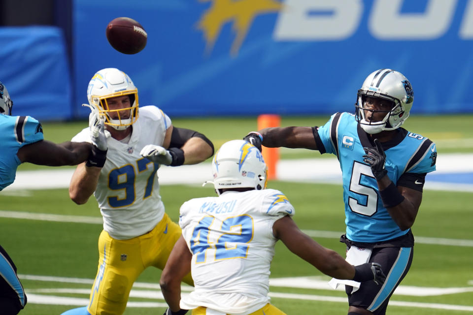Carolina Panthers quarterback Teddy Bridgewater (5) throws against the Los Angeles Chargers during the first half of an NFL football game Sunday, Sept. 27, 2020, in Inglewood, Calif. (AP Photo/Alex Gallardo)