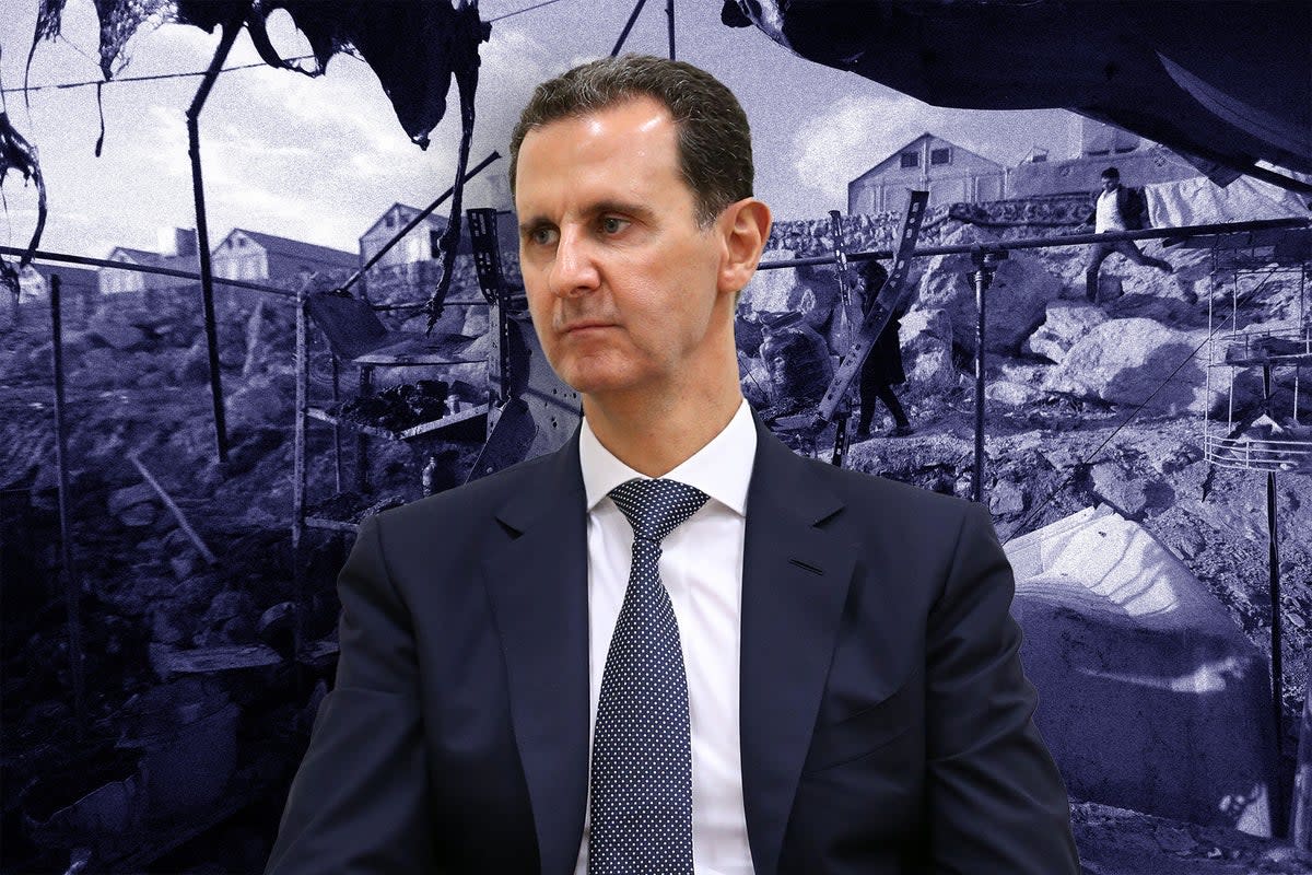 Syrian President Bashar al-Assad (pictured) has been invited to the Cop28 climate summit. Background: Damage caused by reported regime shelling on the camp of Maram for internally displaced people near the village of Kafr Jales in Syria's northwestern Idlib province, on November 6, 2022 (AFP via Getty Images)