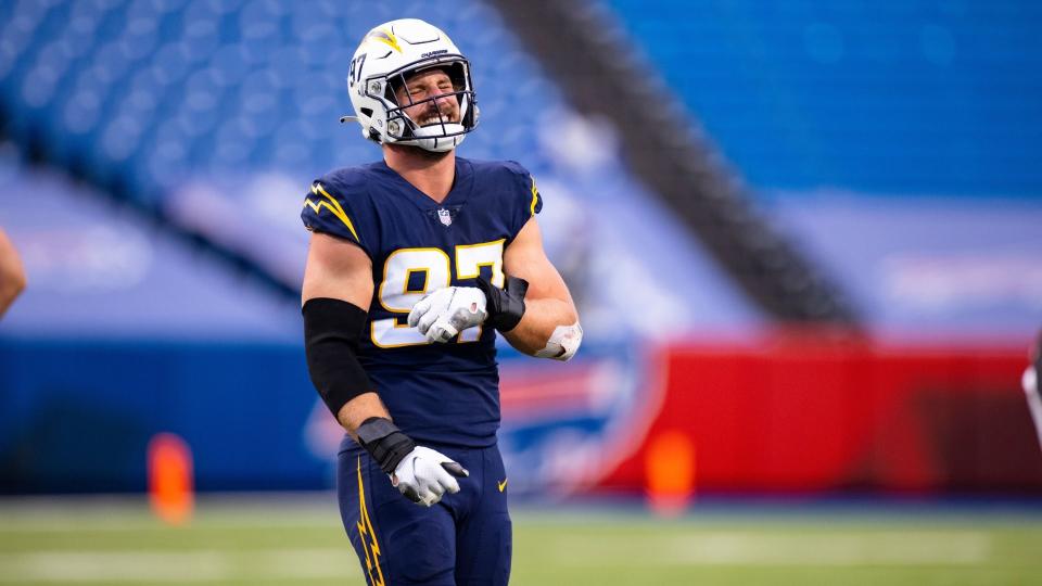 Mandatory Credit: Photo by Brett Carlsen/AP/Shutterstock (11086121hx)Los Angeles Chargers defensive end Joey Bosa (97) reacts during the second half of an NFL football game against the Buffalo Bills, in Orchard Park, N.