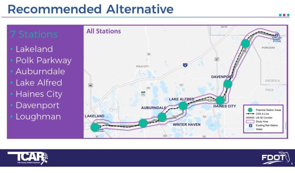 An image from a recent presentation to the Polk Transportation Planning Organization shows the recommended route for an expansion of SunRail into Polk County.