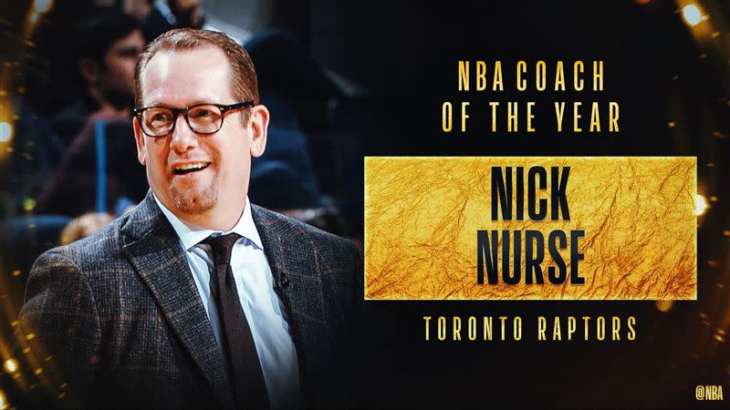 Nick Nurse獲選為年度最佳教練。（圖／翻攝自NBA推特）