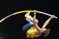 FILE - Armand Duplantis, of Sweden, makes an attempt in the Men's pole vault final during the athletics competition in the Olympic Stadium at the European Championships in Munich, Germany, Saturday, Aug. 20, 2022. (AP Photo/Matthias Schrader, File)
