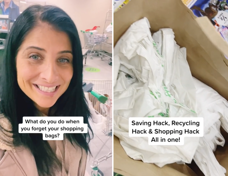 A Woolworths shopper has divided opinions online after sharing a ‘hack’ for free plastic bags at Woolworths. Photos: TikTok/miseenplace_au