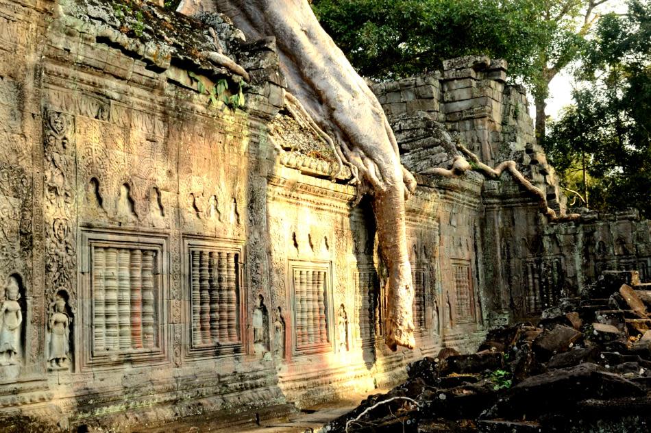 Preah Khan is another masterpiece that literally opens into a different world as you enter the portals of the temple. It was believed to have been a Buddhist university as well. The trees add a different dimension to the sculptures as you see them growing on the walls of the temple, almost holding onto them.