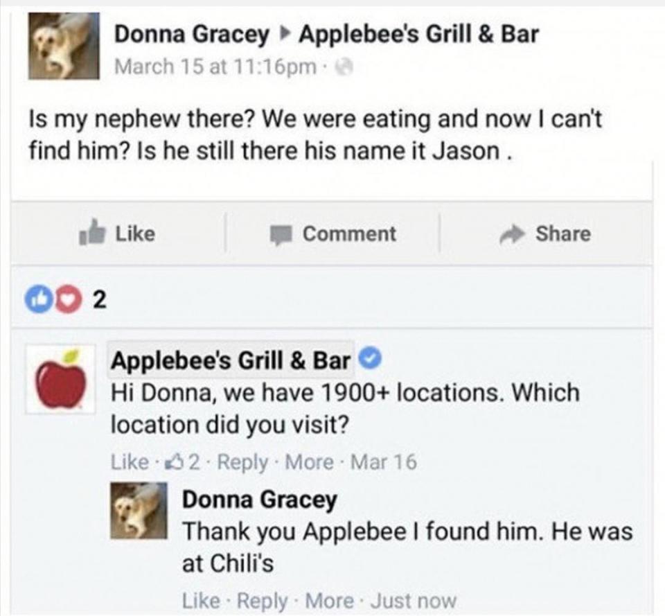 donna searching applebees for someone named jason but it tturns out tthey're in a chilis