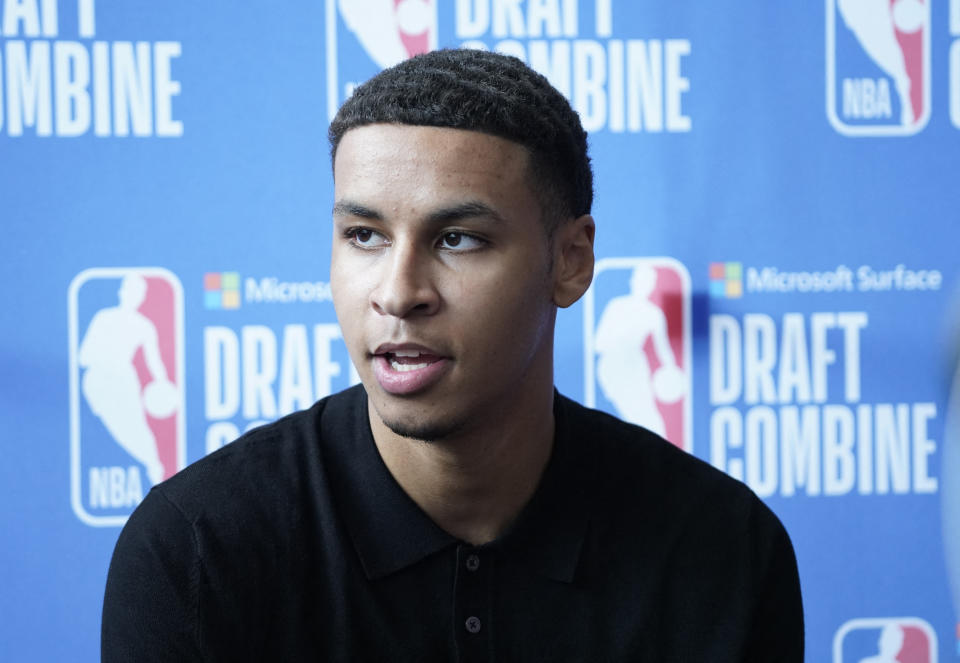 Keegan Murray talks to the media during the 2022 NBA draft combine at Wintrust Arena in Chicago on May 19, 2022. (David Banks/USA TODAY Sports)