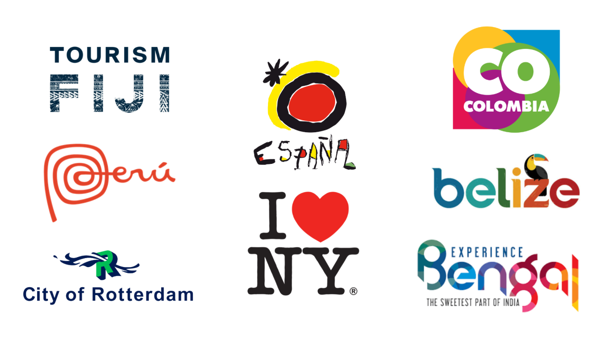  Tourist board logos, including Fiji, Peru, Rotterdam, Spain, New York, Colombia, Belize and Bengal. 