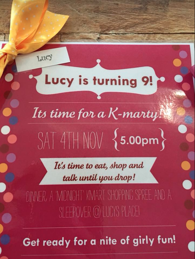 A mum sent out this invite to kids for her daughter's ninth birthday party. Photo: Facebook/Kmart Mums Australia