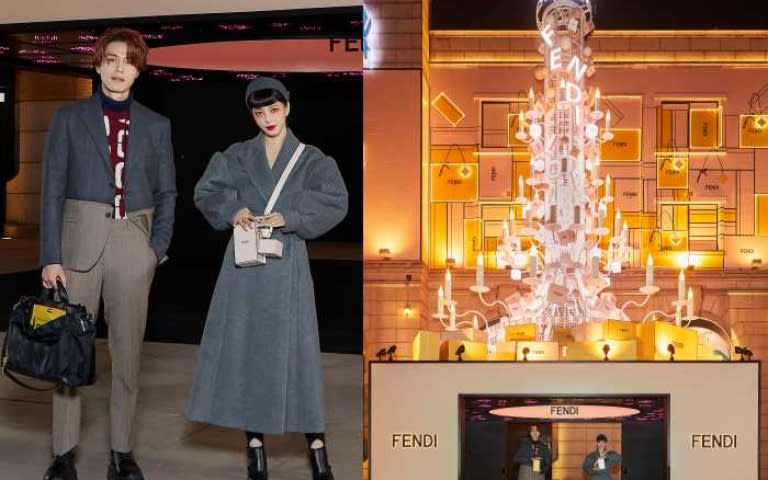 FENDI 巨型聖誕樹空降首爾Galleria百貨公司，韓星李棟旭及韓義瑟驚喜現身，與FENDI共渡歡樂佳節。（圖／品牌提供）