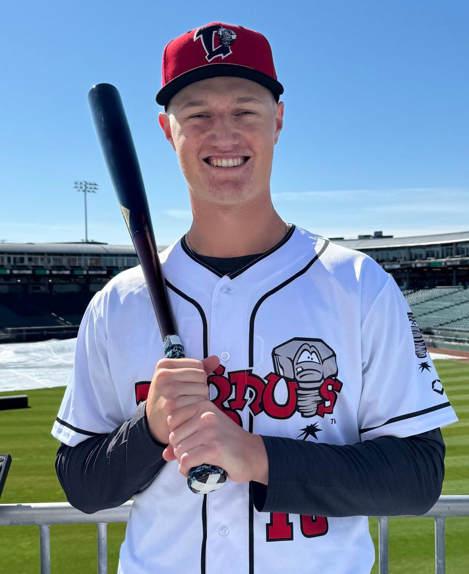 Lansing Lugnuts first baseman Will Simpson poses for a photo during the team's media day at Jackson Field on Monday, April 1, 2024. Simpson is one of the top prospects on the season-opening roster for the Lugnuts.