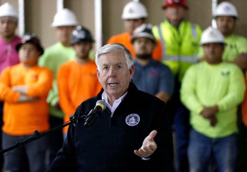 Missouri Gov. Mike Parson speaks before a "brick-breaking" ceremony for the new Jordan Valley Grand Clinic on Friday, Nov. 12, 2021. The new clinic at 1720 W. Grand St. will be largely as an outpatient surgery center and a clinic forÊwomen's and children's health.