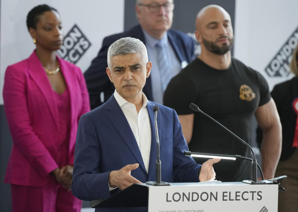 Sadiq Khan makes a speech as he is re-elected for a record third time as Mayor of London, following the counting of votes, at City Hall in London, Saturday, May 4, 2024. Khan, the Labour Party's Mayor of London, has romped to victory, securing a record third straight term at City Hall, on another hugely disappointing day for the U.K.'s governing Conservatives ahead of a looming general election. (AP Photo/Alastair Grant)