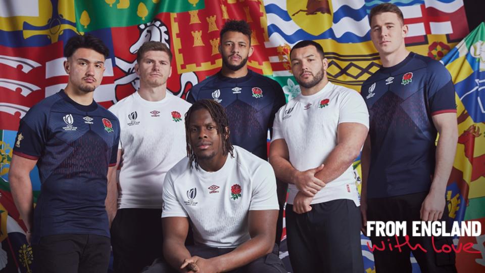 England stars pose for the release of their 2023 Rugby World Cup kits. Credit: Alamy