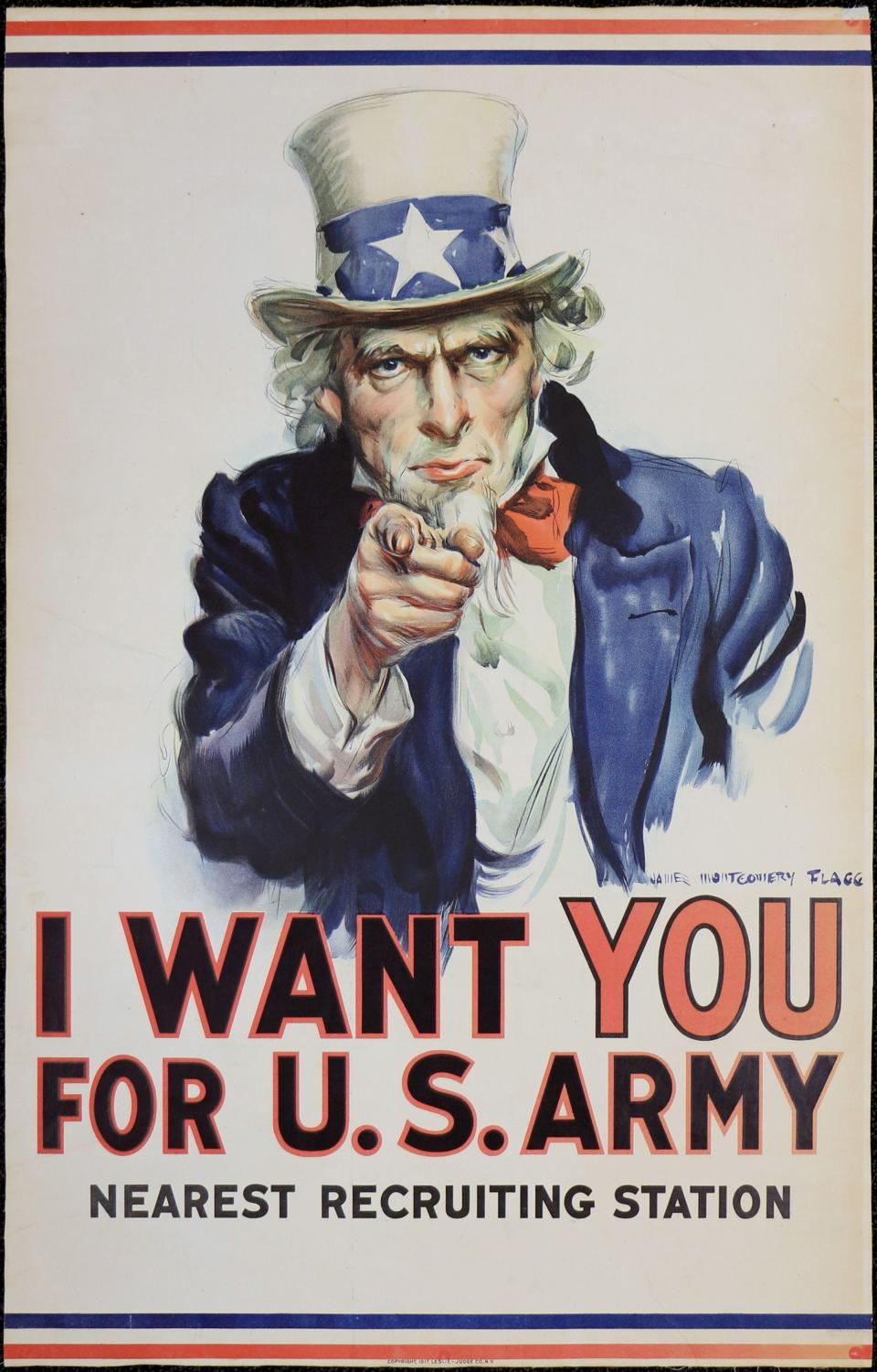 An iconic poster from World War I depicts Uncle Sam recruiting Americans to join the Army.
