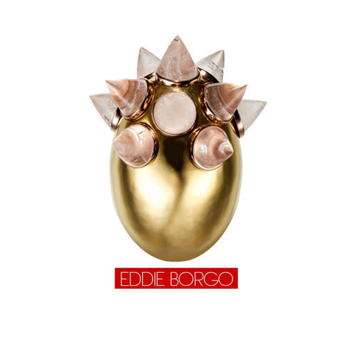 The accessories designerâ€™s bejeweled offering was inspired by FabergÃ© eggs. His lovingly hand-carved and gilded cone is crowned with quartz bijoux making for an alluring, other-worldly incarnation. Available by special order; eddieborgo.com