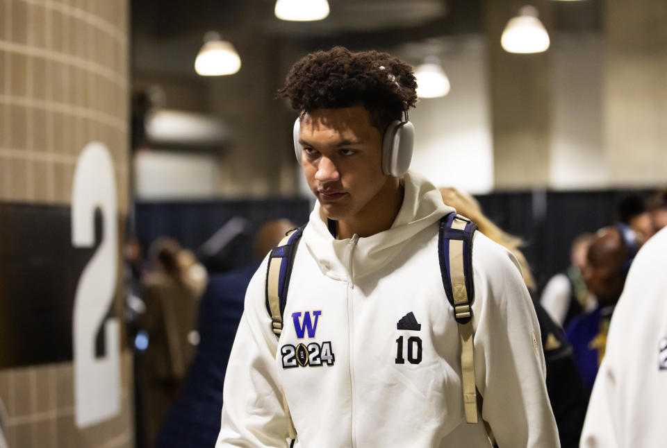 Jan 8, 2024; Houston, TX, USA; Washington Huskies quarterback Austin Mack (10) against the Michigan Wolverines during the 2024 College Football Playoff national championship game at NRG Stadium. Mandatory Credit: Mark J. Rebilas-USA TODAY Sports