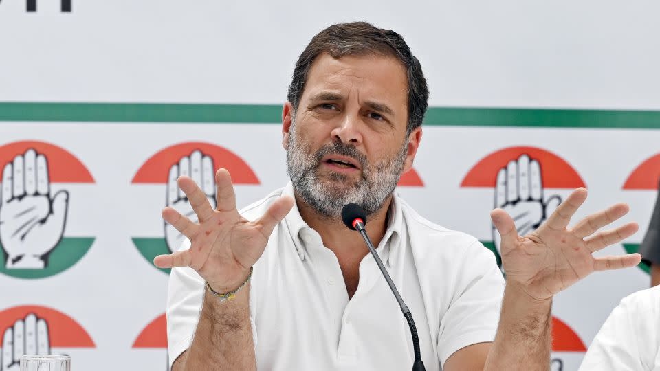 Congress senior party leader Rahul Gandhi during the release of the party manifesto on April 5, 2024 in New Delhi. - Sanjeev Verma/Hindustan Times/Getty Images